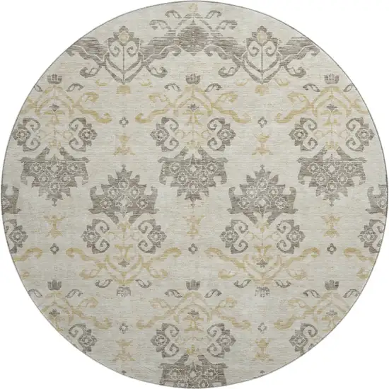 8' Beige Gold And Taupe Medallion Washable Round Rug With UV Protection Photo 1