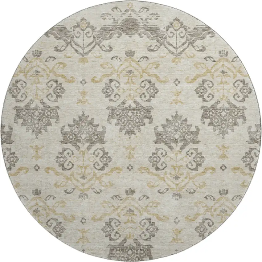 8' Beige Gold And Taupe Medallion Washable Round Rug With UV Protection Photo 1