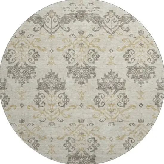 8' Beige Gold And Taupe Medallion Washable Round Rug With UV Protection Photo 3