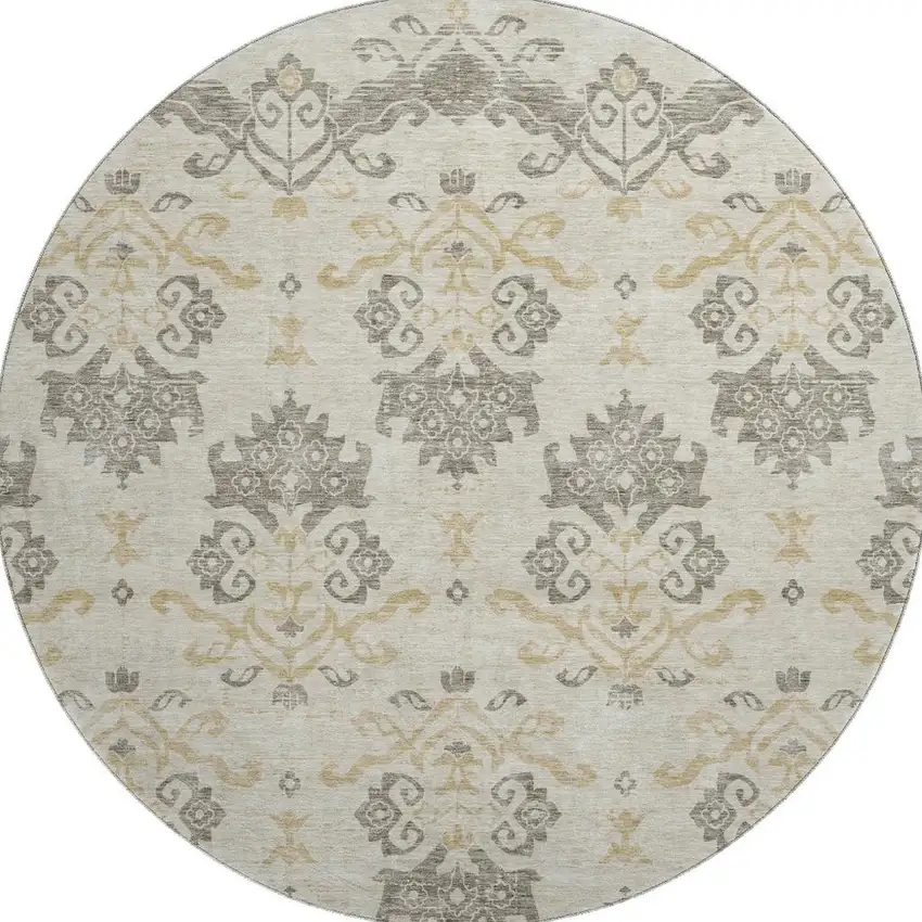 8' Beige Gold And Taupe Medallion Washable Round Rug With UV Protection Photo 3
