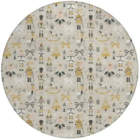8' Beige Gold Black And Gray Round Nutcracker Washable Indoor Outdoor Area Rug Photo 3