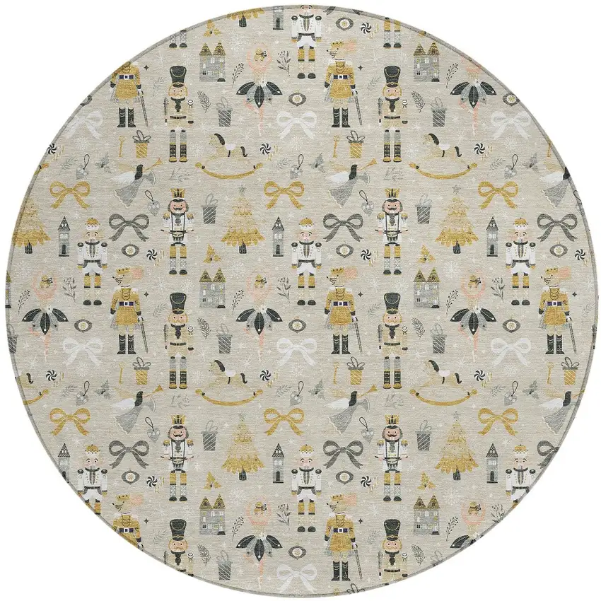 8' Beige Gold Black And Gray Round Nutcracker Washable Indoor Outdoor Area Rug Photo 3