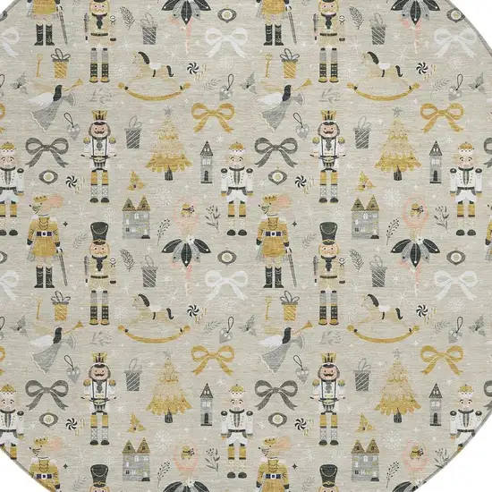 8' Beige Gold Black And Gray Round Nutcracker Washable Indoor Outdoor Area Rug Photo 4
