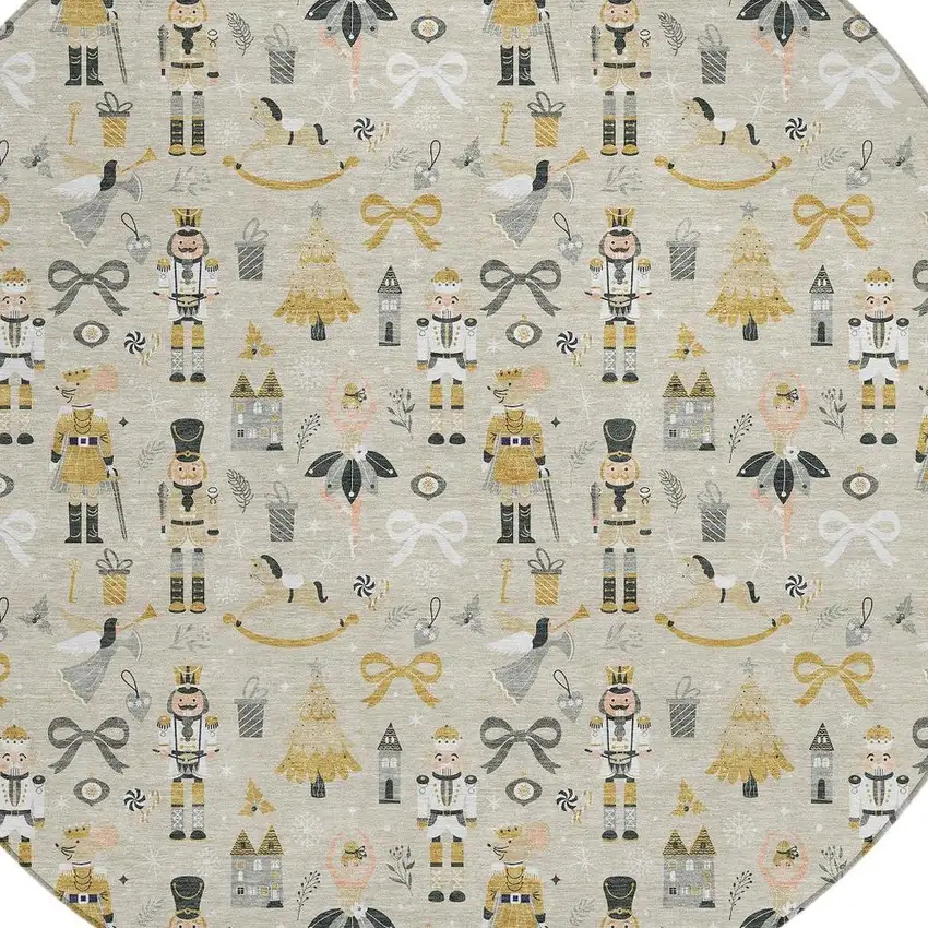 8' Beige Gold Black And Gray Round Nutcracker Washable Indoor Outdoor Area Rug Photo 4