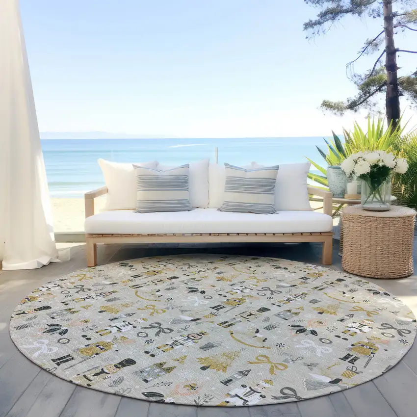 8' Beige Gold Black And Gray Round Nutcracker Washable Indoor Outdoor Area Rug Photo 6