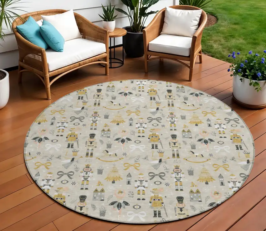 8' Beige Gold Black And Gray Round Nutcracker Washable Indoor Outdoor Area Rug Photo 1