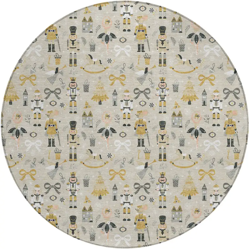 8' Beige Gold Black And Gray Round Nutcracker Washable Indoor Outdoor Area Rug Photo 2