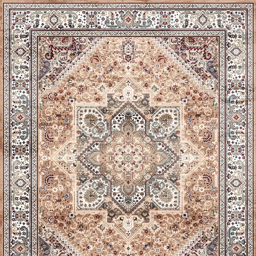 8' Beige Gold and Red Floral Medallion Distressed Non Skid Runner Rug Photo 9