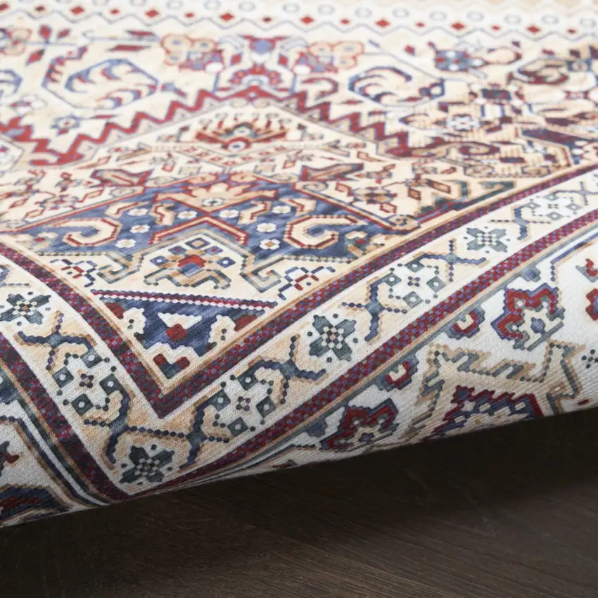 8' Beige Gold and Red Floral Medallion Distressed Non Skid Runner Rug Photo 5