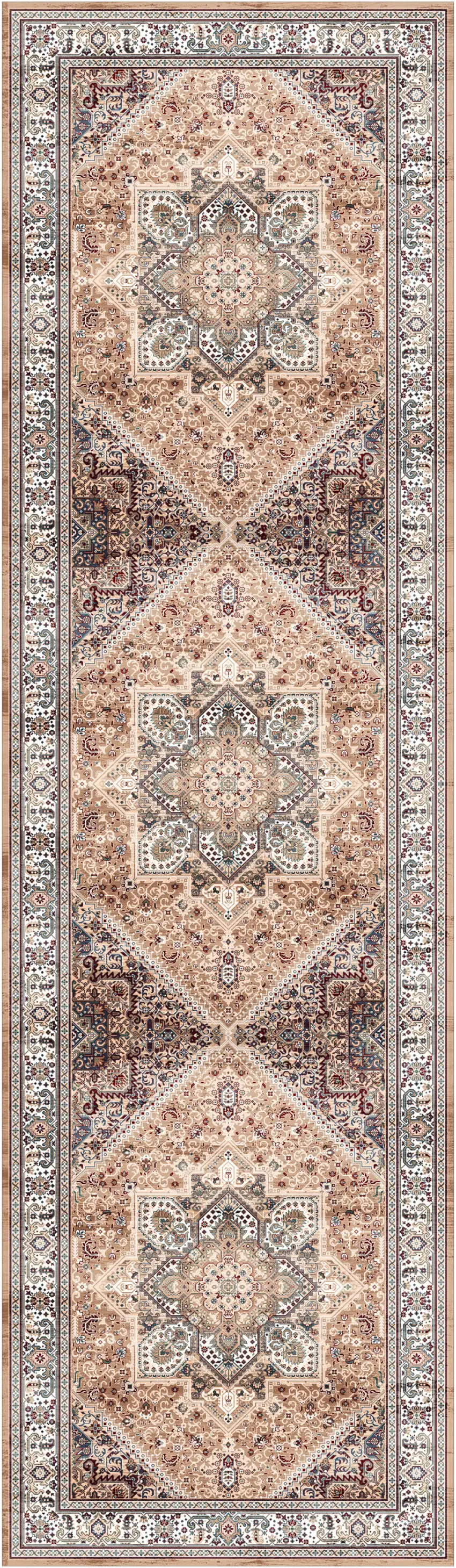 8' Beige Gold and Red Floral Medallion Distressed Non Skid Runner Rug Photo 2