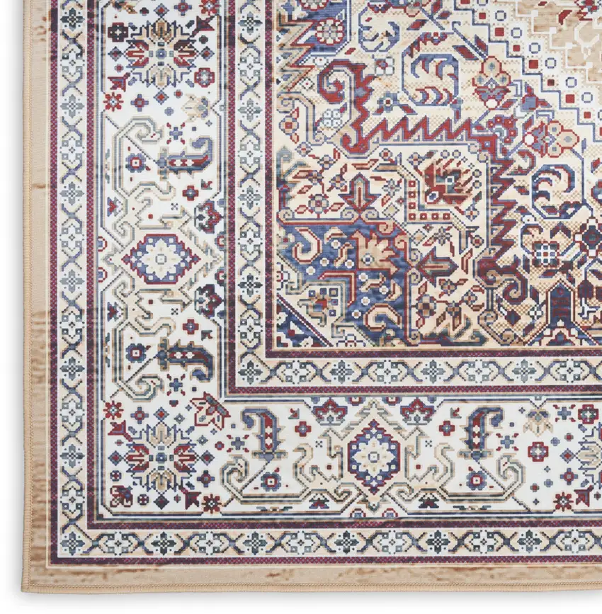 8' Beige Gold and Red Floral Medallion Distressed Non Skid Runner Rug Photo 6