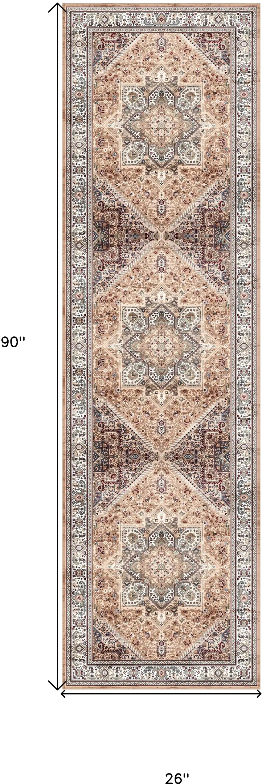 8' Beige Gold and Red Floral Medallion Distressed Non Skid Runner Rug Photo 3