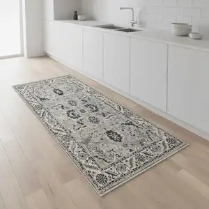 Photo of 8' Beige Gray And Black Medallion Runner Rug