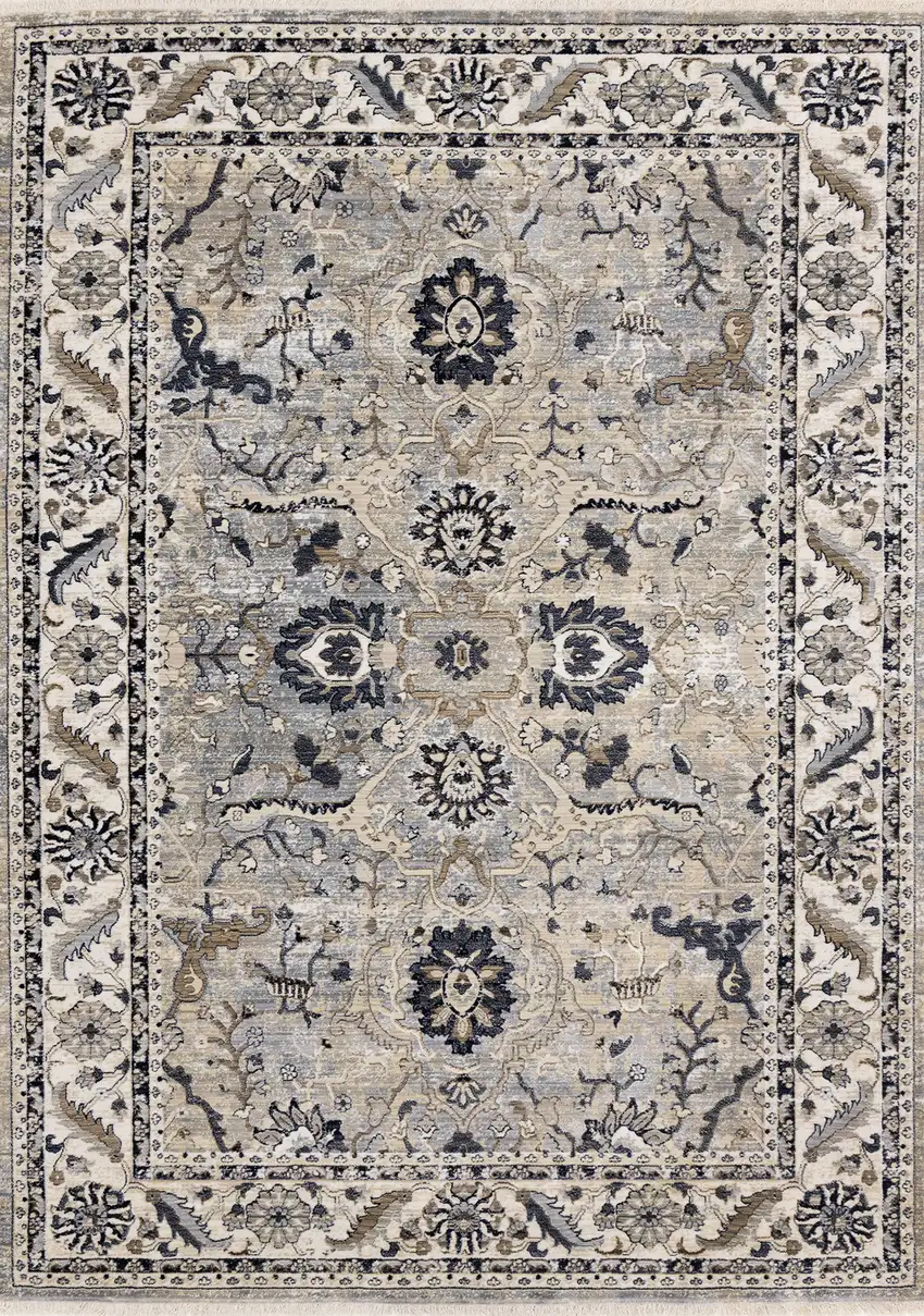 8' Beige Gray And Black Medallion Runner Rug Photo 2