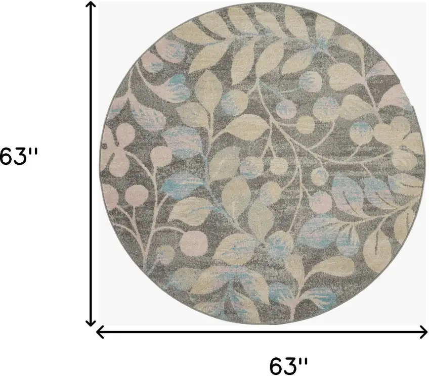 5' Beige Gray And Blue Botanical Leaves Round Rug Photo 3