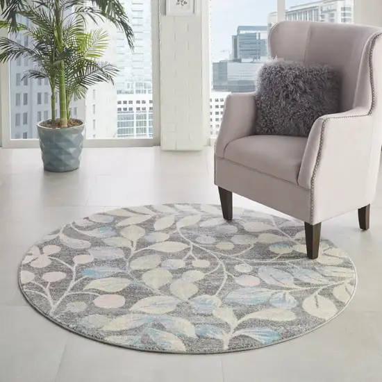 5' Beige Gray And Blue Botanical Leaves Round Rug Photo 5