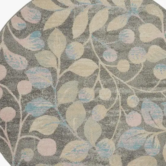 5' Beige Gray And Blue Botanical Leaves Round Rug Photo 3