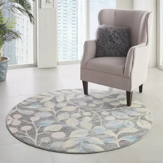 5' Beige Gray And Blue Botanical Leaves Round Rug Photo 7