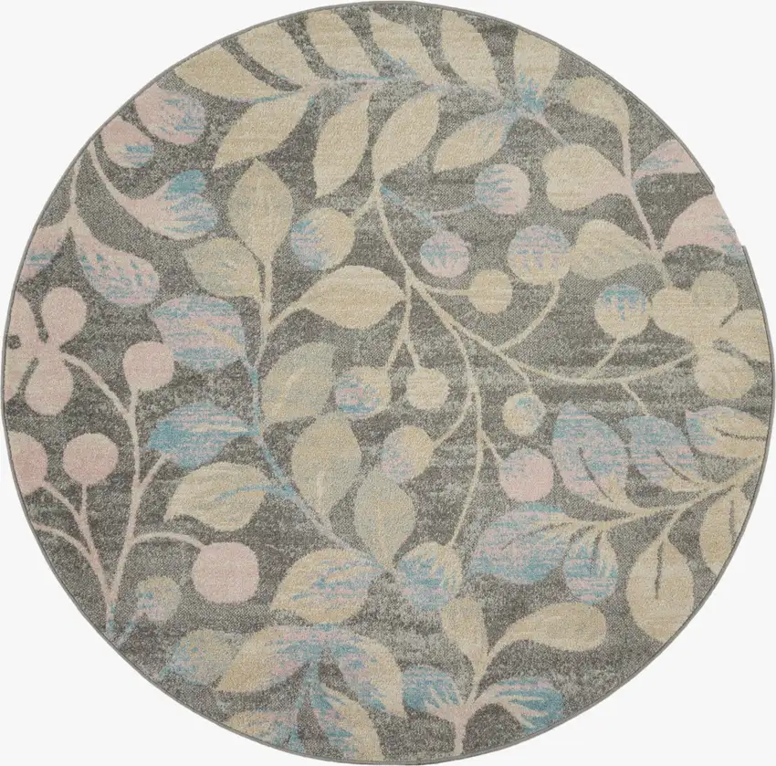 5' Beige Gray And Blue Botanical Leaves Round Rug Photo 2