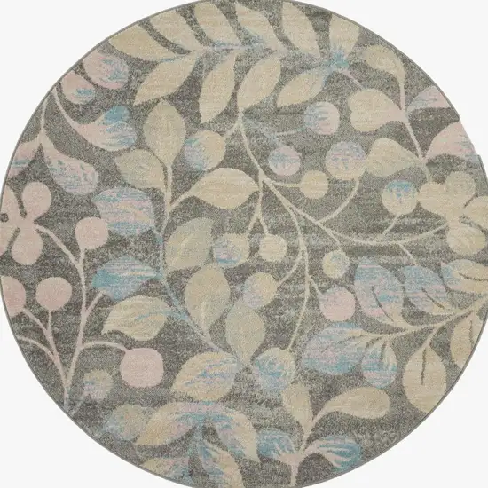 5' Beige Gray And Blue Botanical Leaves Round Rug Photo 4