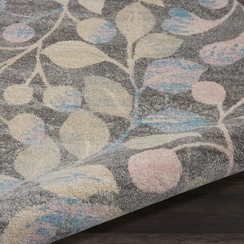 5' Beige Gray And Blue Botanical Leaves Round Rug Photo 7
