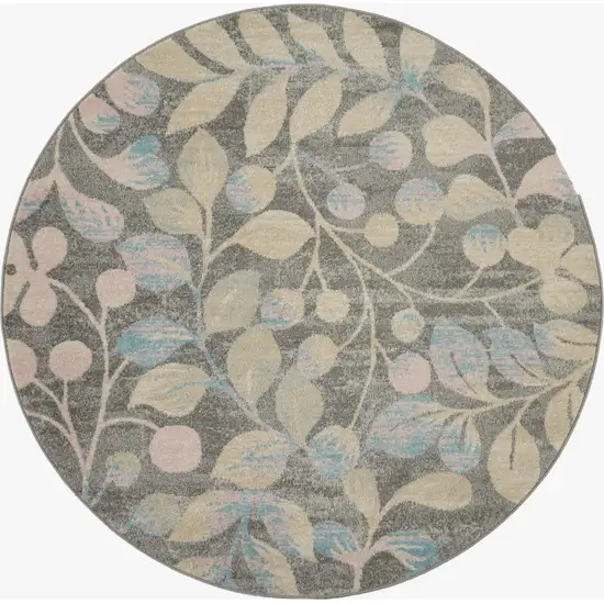 5' Beige Gray And Blue Botanical Leaves Round Rug Photo 1