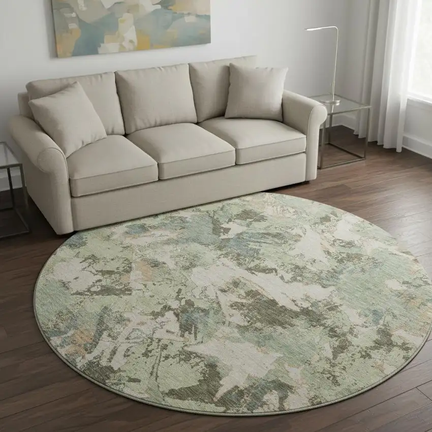 8' Beige Gray And Blue Floral Washable Round Rug With UV Protection Photo 2