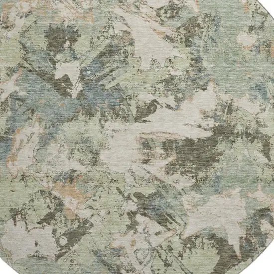 8' Beige Gray And Blue Floral Washable Round Rug With UV Protection Photo 3