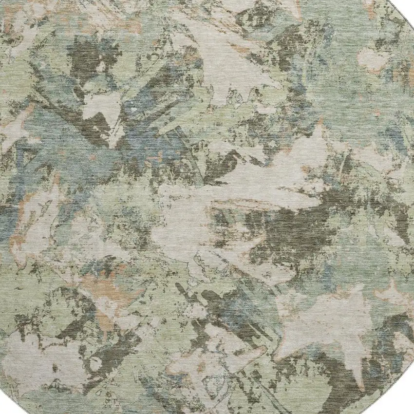 8' Beige Gray And Blue Floral Washable Round Rug With UV Protection Photo 3