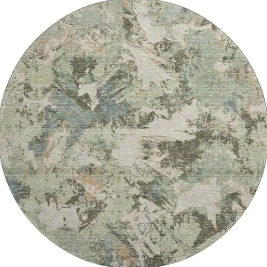 8' Beige Gray And Blue Floral Washable Round Rug With UV Protection Photo 4