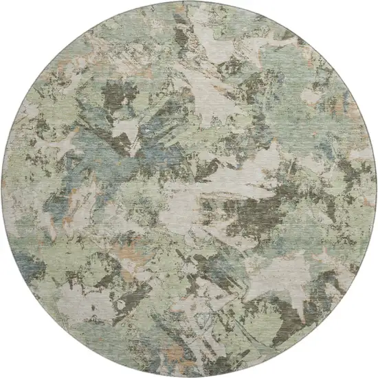 8' Beige Gray And Blue Floral Washable Round Rug With UV Protection Photo 1