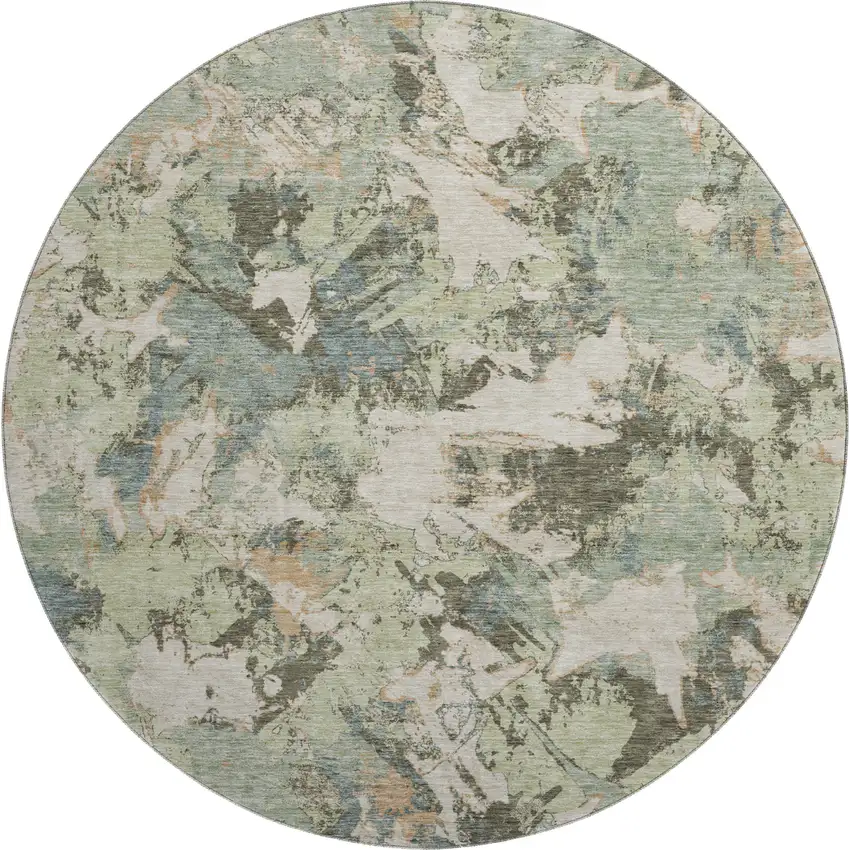 8' Beige Gray And Blue Floral Washable Round Rug With UV Protection Photo 1