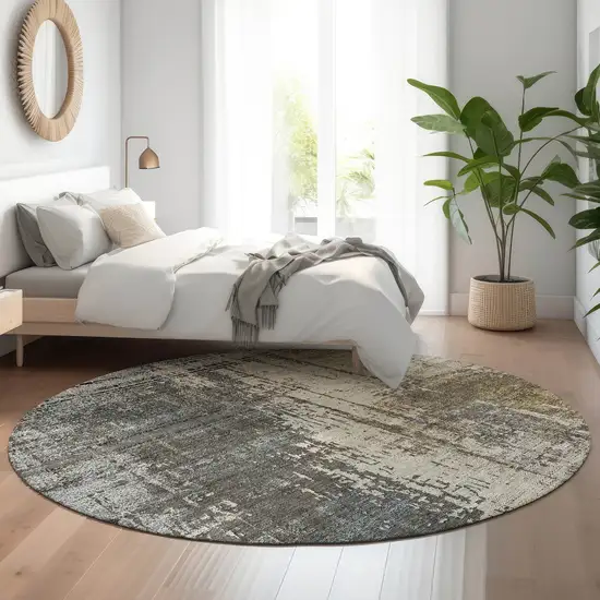 8' Beige Gray And Brown Abstract Washable Round Rug With UV Protection Photo 5