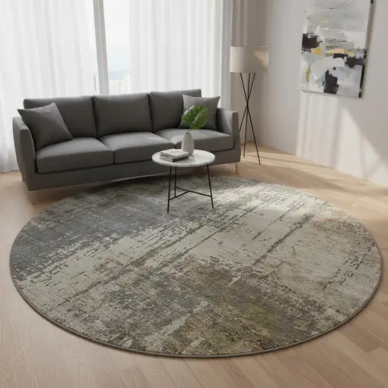 8' Beige Gray And Brown Abstract Washable Round Rug With UV Protection Photo 2