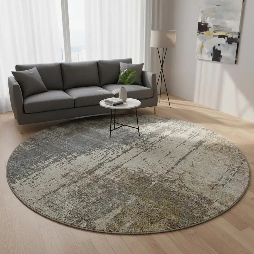8' Beige Gray And Brown Abstract Washable Round Rug With UV Protection Photo 2