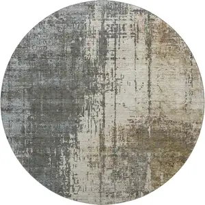 Photo of 8' Beige Gray And Brown Abstract Washable Round Rug With UV Protection