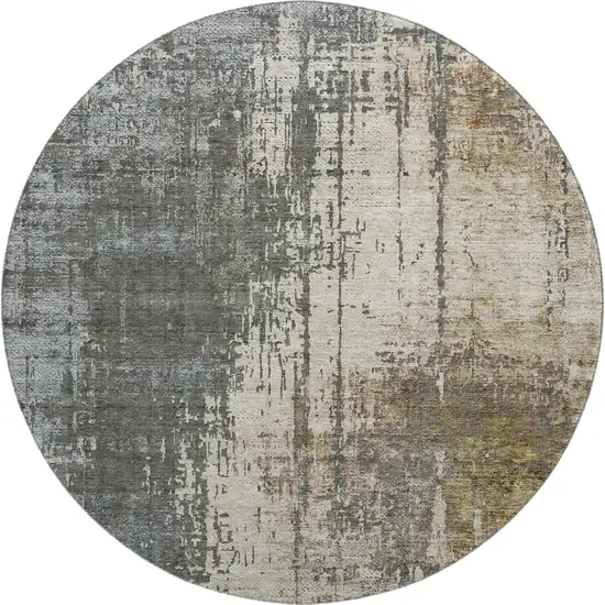 8' Beige Gray And Brown Abstract Washable Round Rug With UV Protection Photo 1