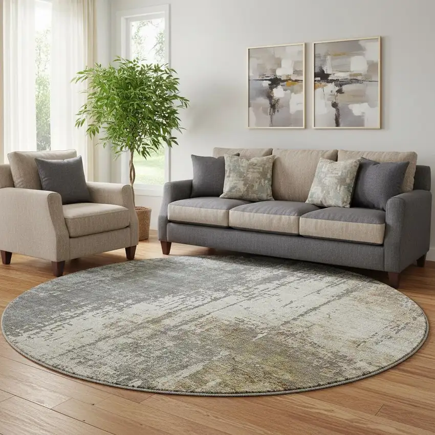 8' Beige Gray And Brown Abstract Washable Round Rug With UV Protection Photo 1