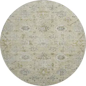 Photo of 8' Beige Gray And Brown Damask Washable Round Rug With UV Protection