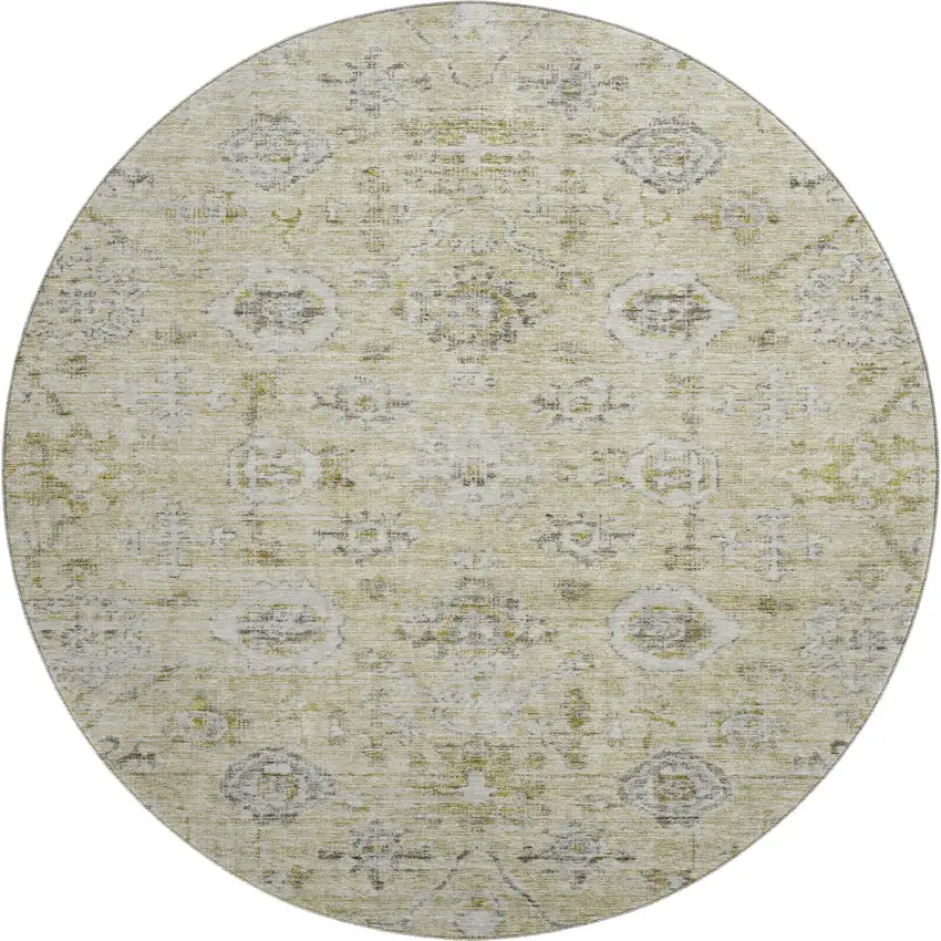 8' Beige Gray And Brown Damask Washable Round Rug With UV Protection Photo 1