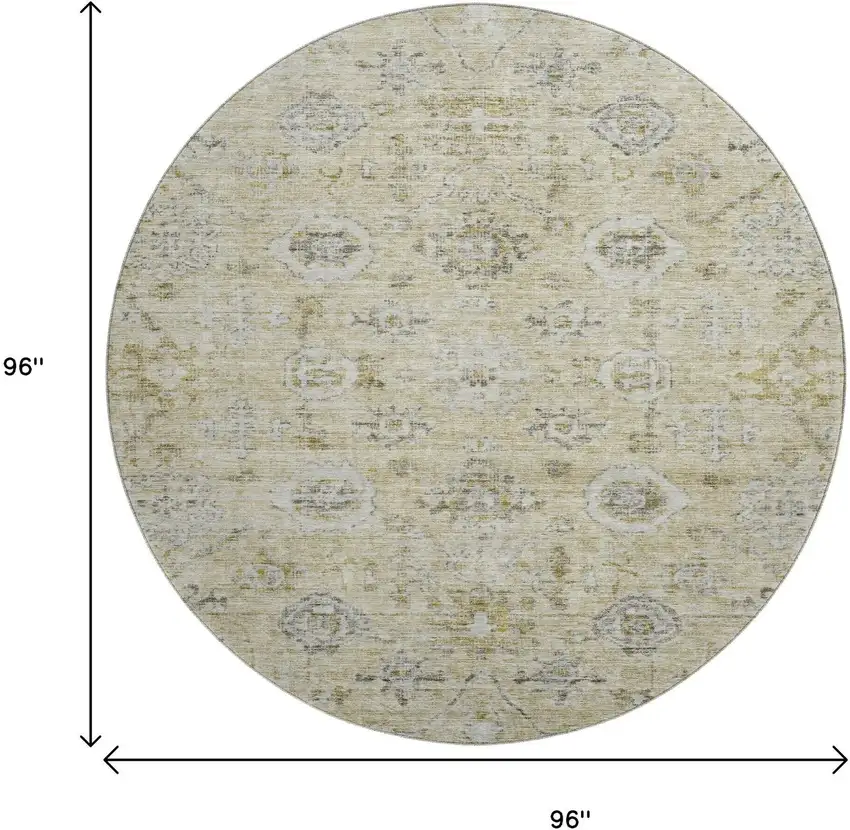 8' Beige Gray And Brown Damask Washable Round Rug With UV Protection Photo 8