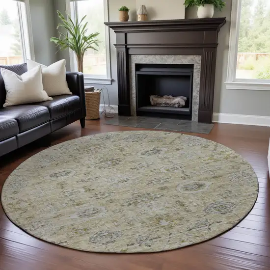 8' Beige Gray And Brown Damask Washable Round Rug With UV Protection Photo 3