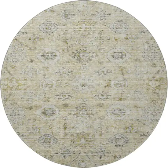 8' Beige Gray And Brown Damask Washable Round Rug With UV Protection Photo 2
