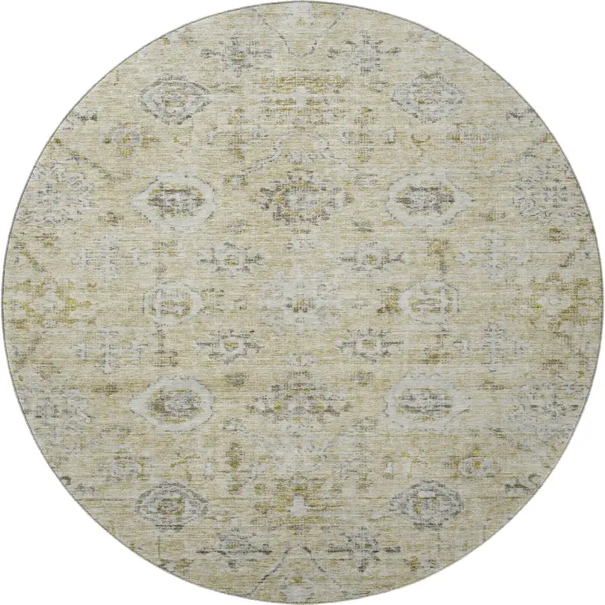 8' Beige Gray And Brown Damask Washable Round Rug With UV Protection Photo 2