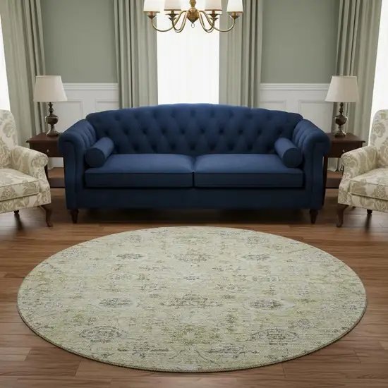 8' Beige Gray And Brown Damask Washable Round Rug With UV Protection Photo 2