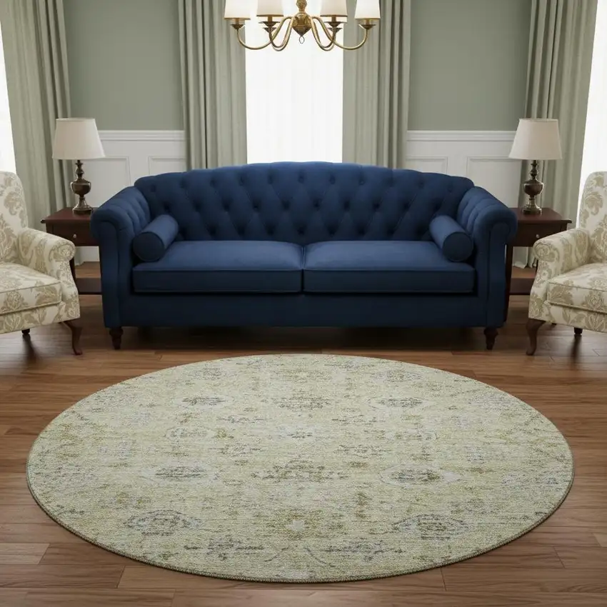 8' Beige Gray And Brown Damask Washable Round Rug With UV Protection Photo 2