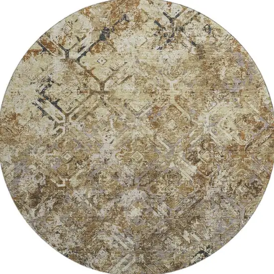 8' Beige Gray And Brown Diamond Washable Round Rug With UV Protection Photo 3
