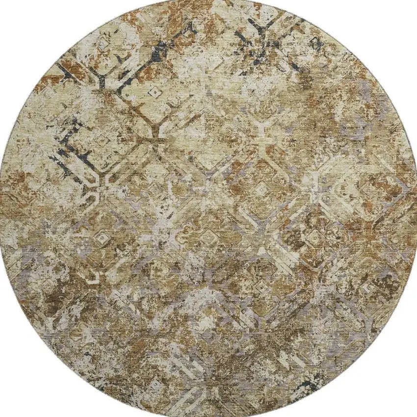 8' Beige Gray And Brown Diamond Washable Round Rug With UV Protection Photo 3