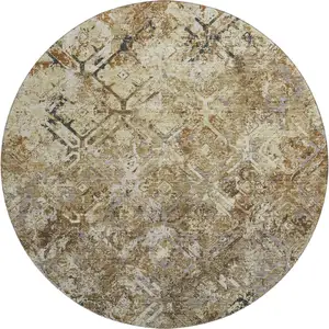 Photo of 8' Beige Gray And Brown Diamond Washable Round Rug With UV Protection
