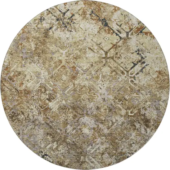 8' Beige Gray And Brown Diamond Washable Round Rug With UV Protection Photo 4